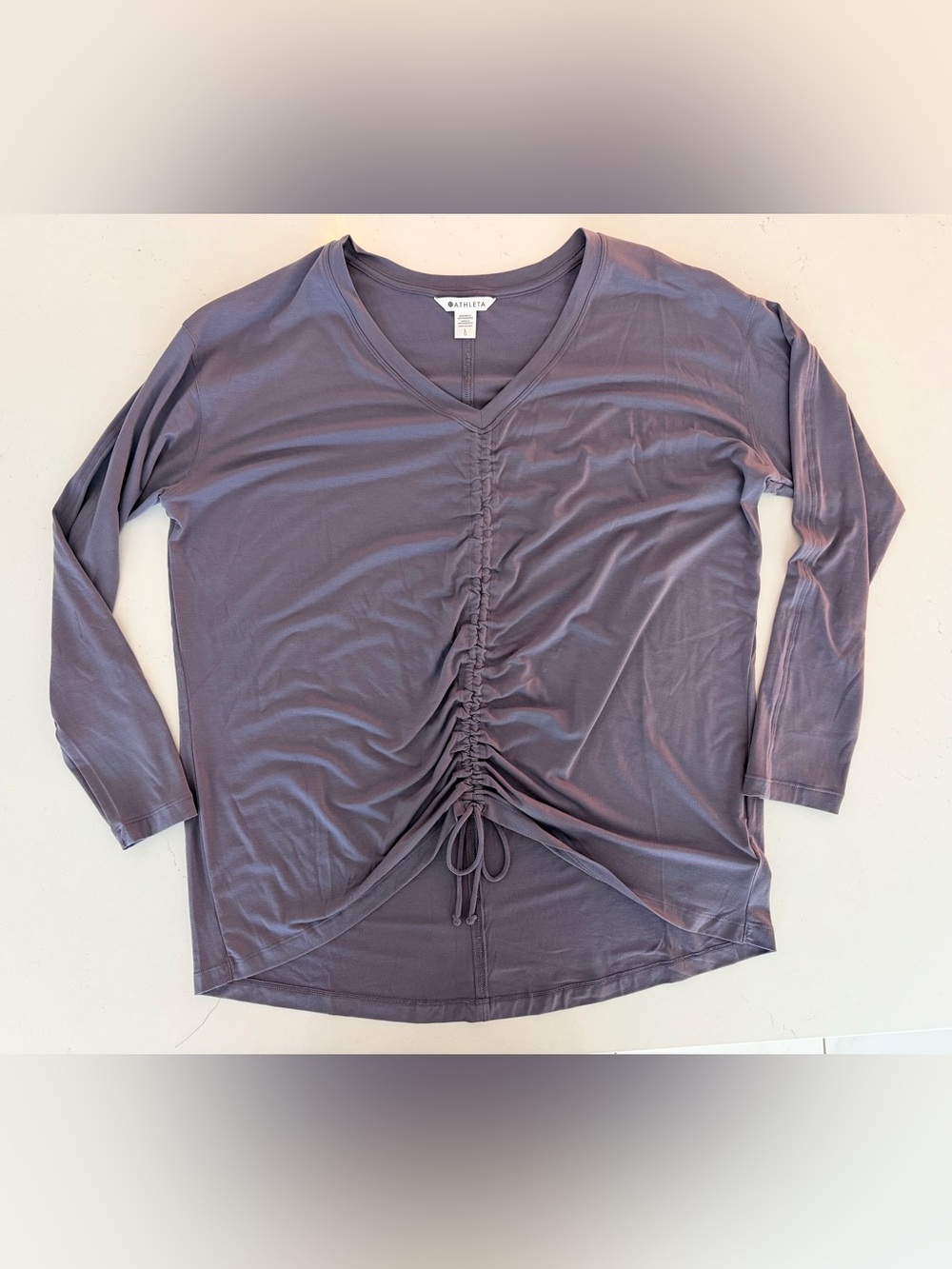 Athleta Mauve Ruched V-Neck Long Sleeve Top